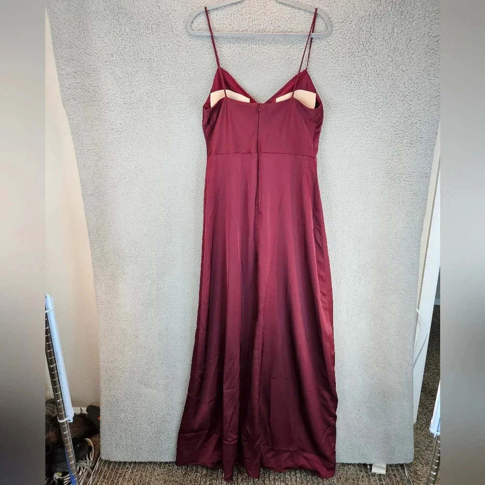 Hayley Paige Maxi Dress Womens Sz 12 Maroon Spagetti Straps Cowl Neck Front Slit